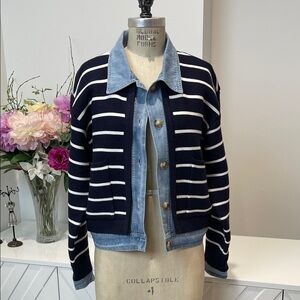 NWT Mable Navy & White Striped Knit Denim Trimming Women's Jacket